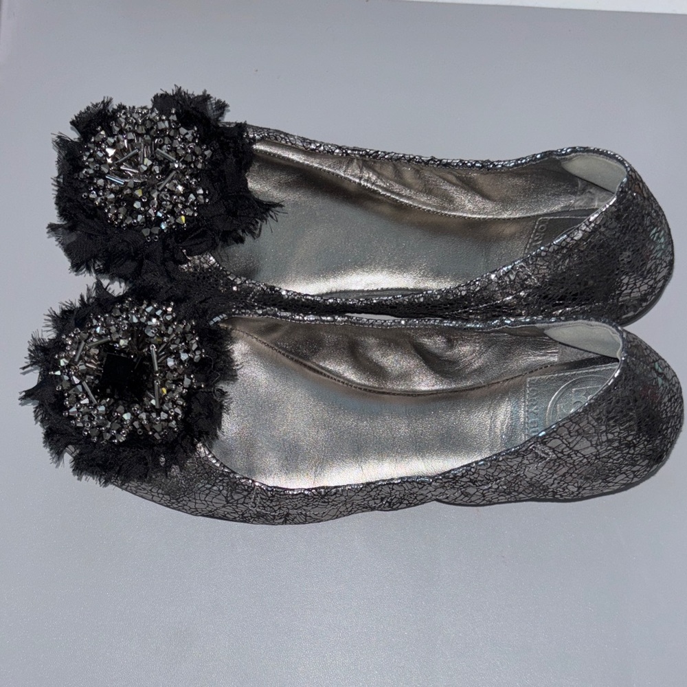 Tory Burch Crackle Leather Amelia Jeweled Crystal Bow Round toe Flats - Picture 3 of 6